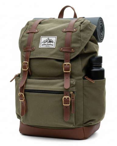 Classic Outdoor Adventure Backpack with Roll Mat & Water Bottle Pocket