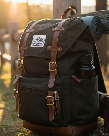 Classic Outdoor Adventure Backpack with Roll Mat & Water Bottle Pocket
